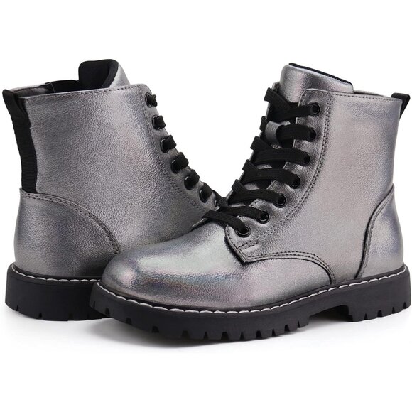 Kids Grey Ankle Boots Boys Girls Side Zipper Lace Up Work Boots Combat Boots - Picture 4 of 7
